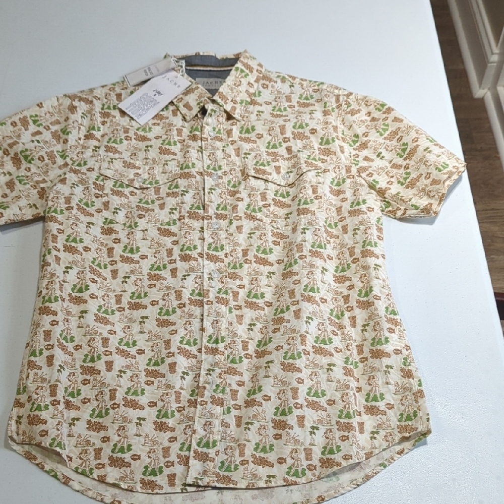 Jachs Men's Cream and Brown Casual Shirt Hula Girls!! NWT!!! AMAZING!!!